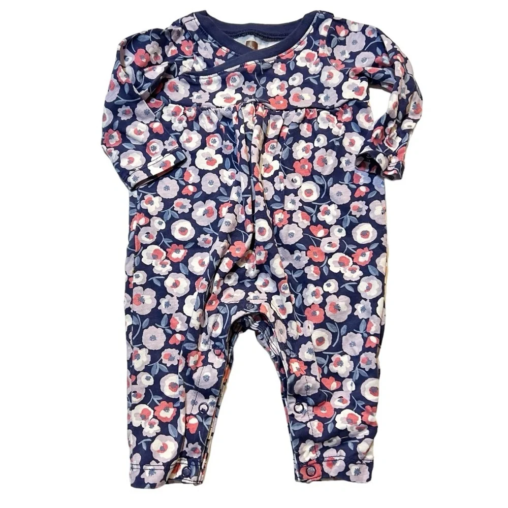 Tea Collection Baby Girl's‎ Navy Pink Floral Button Snap Long Sleeve Romp…